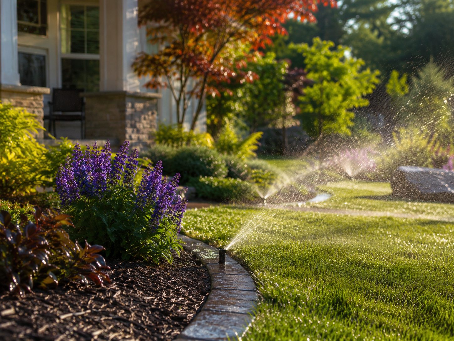 Automatische Gartenbewässerung in Betrieb