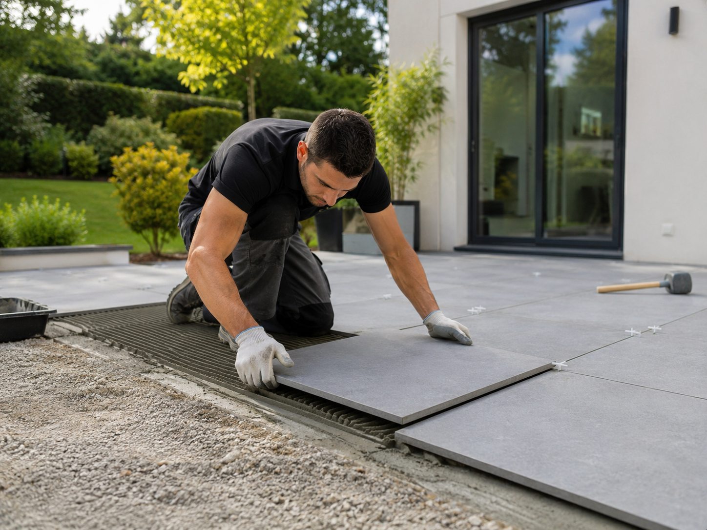 Fachkraft beim Verlegen großformatiger Terrassenplatten