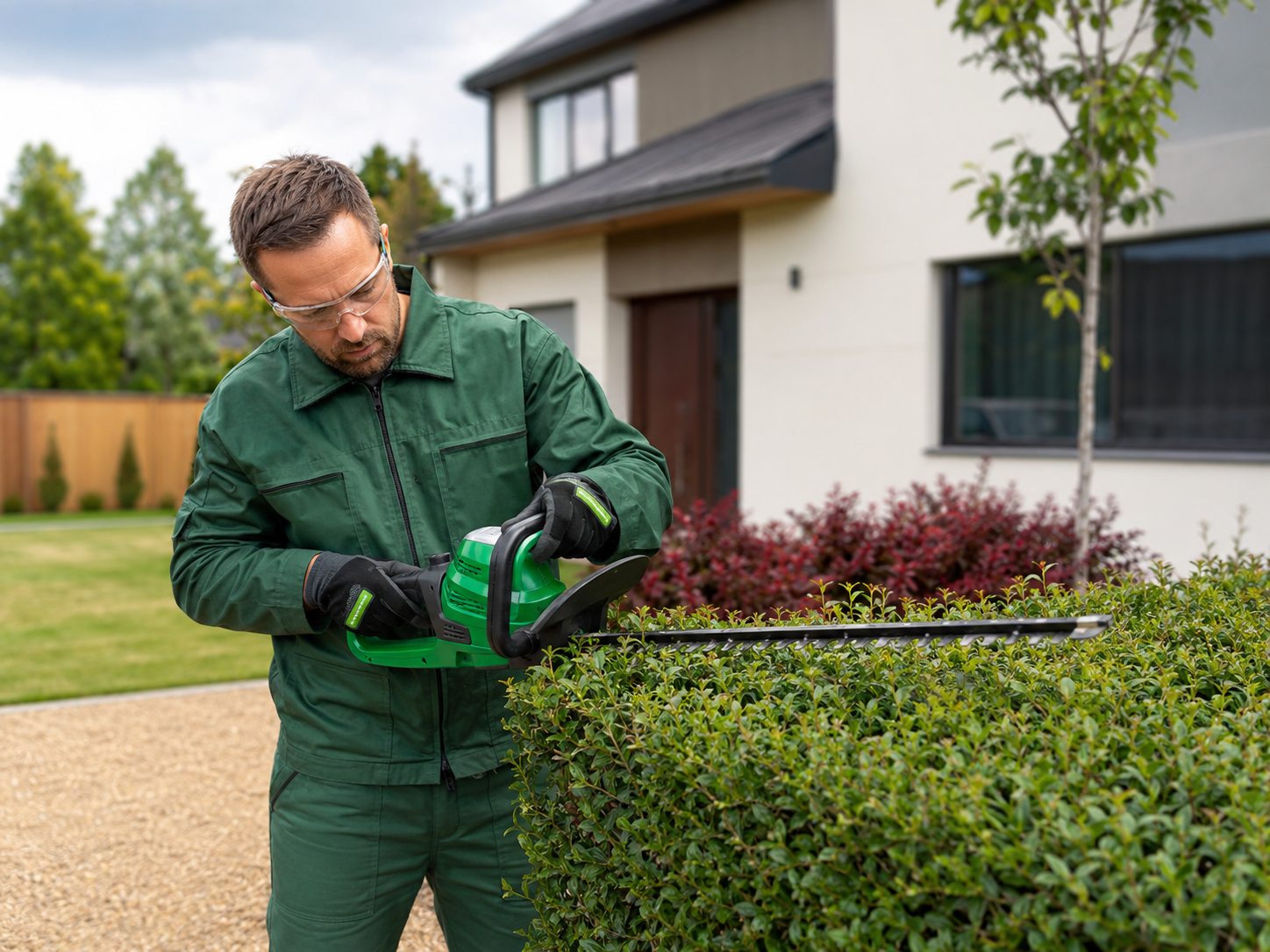 Fachkraft beim präzisen Rückschnitt einer Hecke