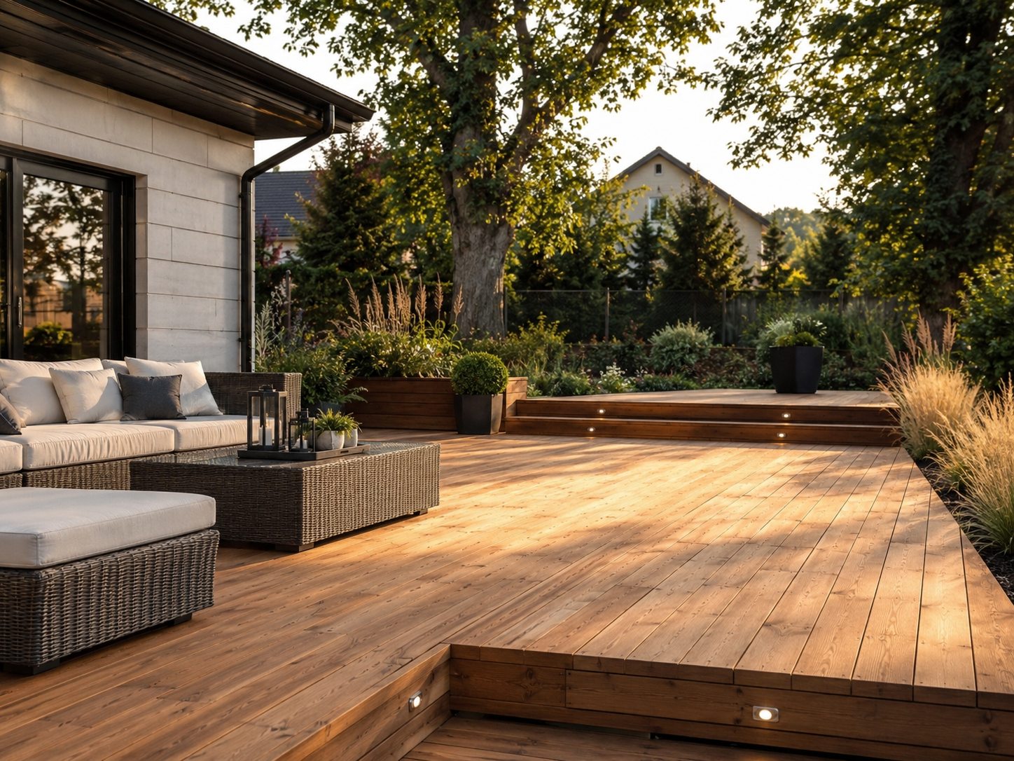 Hochwertig gebaute Holzterrasse in einem modernen Garten